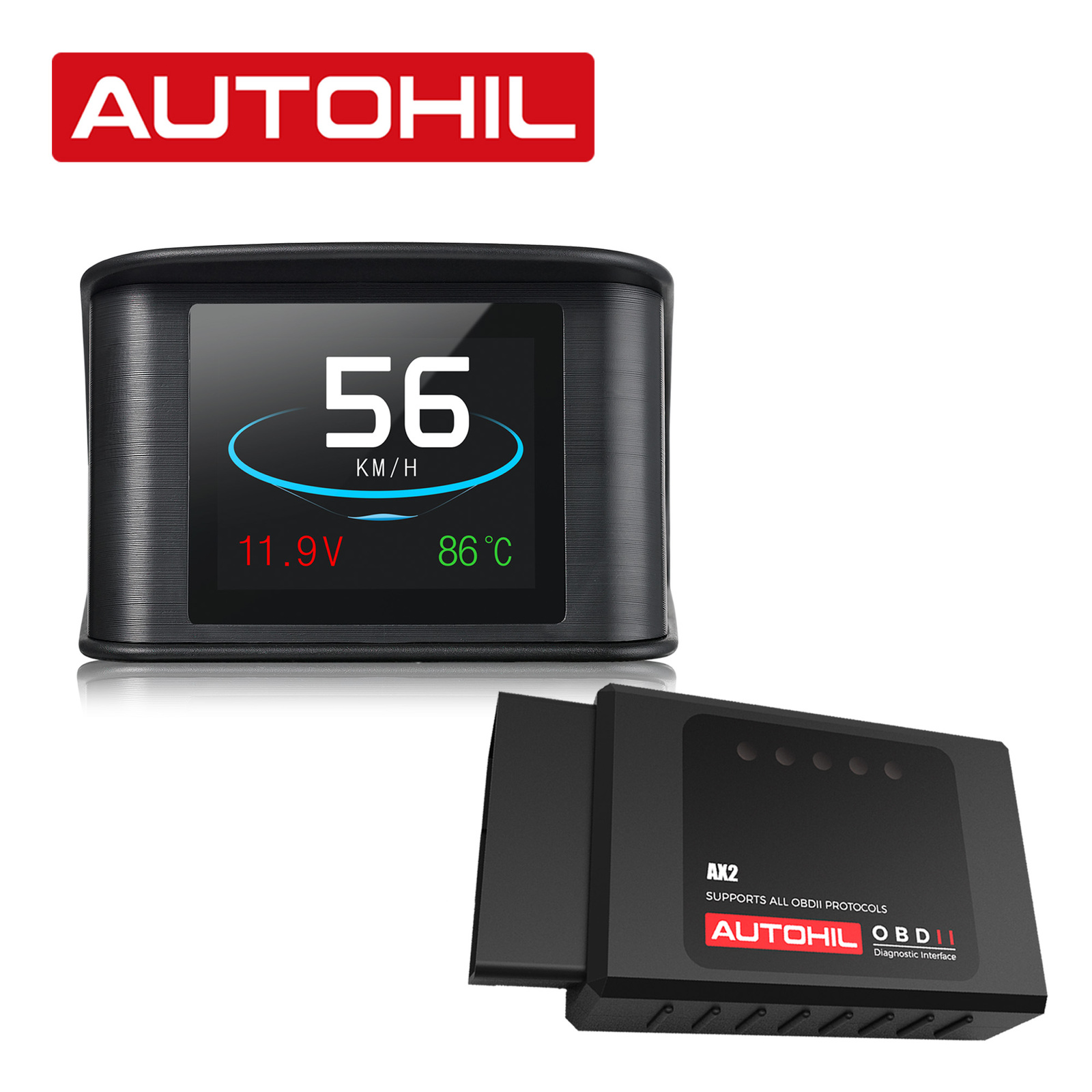 AUTOHIL DEAL AX2 Bluetooth OBD2 Scanner with AVM1 Digital Gauges HUD